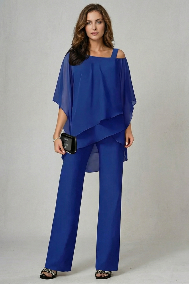 Élaria | Asymmetric Off-Shoulder Chiffon Top &amp; Trouser Set