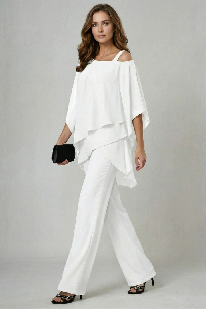 Élaria | Asymmetric Off-Shoulder Chiffon Top &amp; Trouser Set