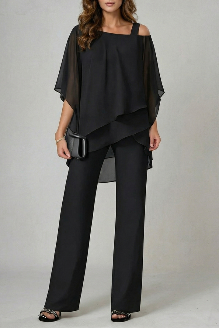 Élaria | Asymmetric Off-Shoulder Chiffon Top &amp; Trouser Set