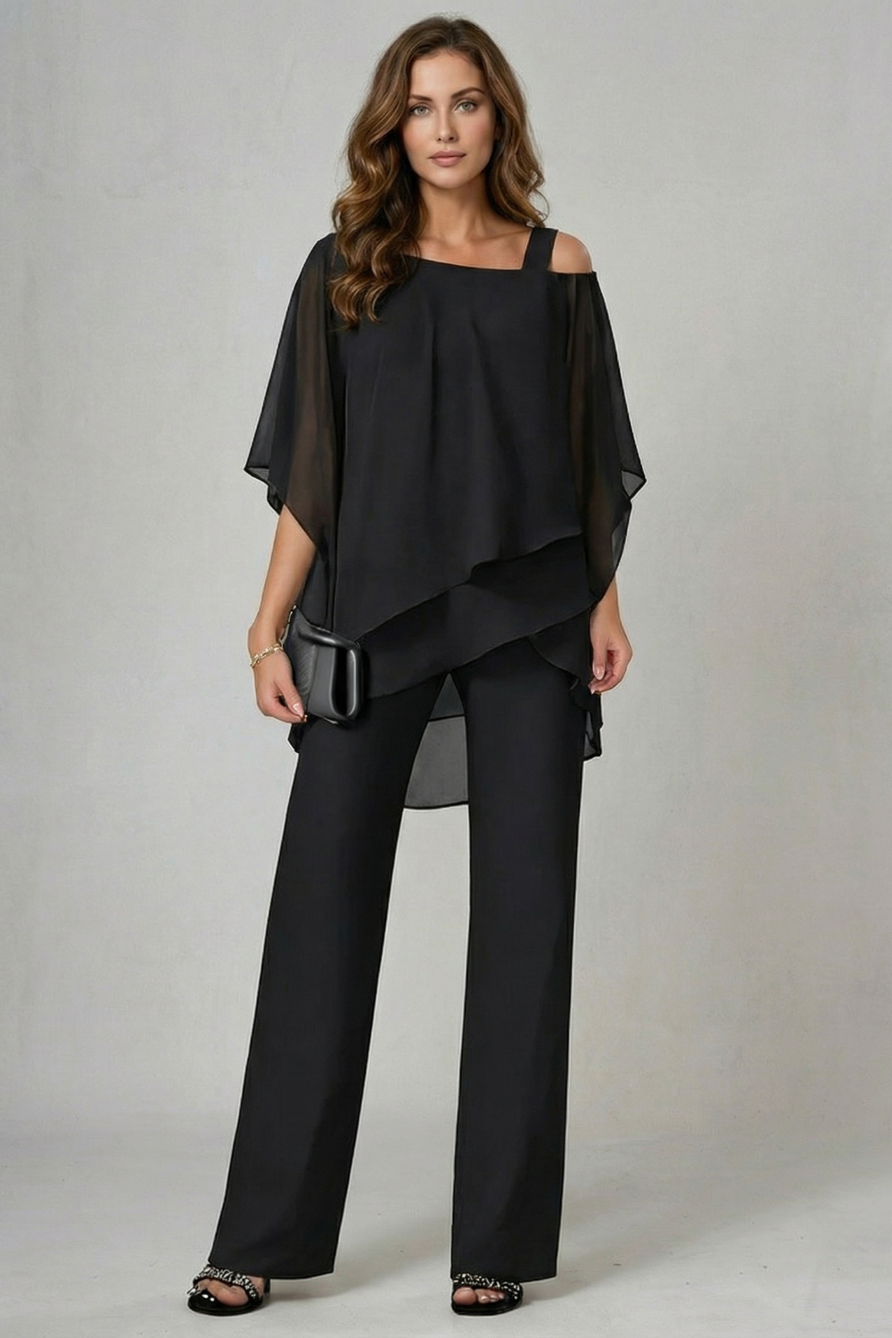 Élaria | Asymmetric Off-Shoulder Chiffon Top &amp; Trouser Set
