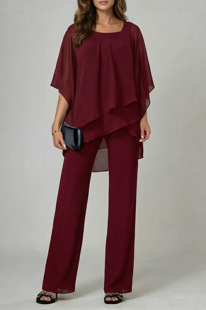 Élaria | Asymmetric Off-Shoulder Chiffon Top &amp; Trouser Set