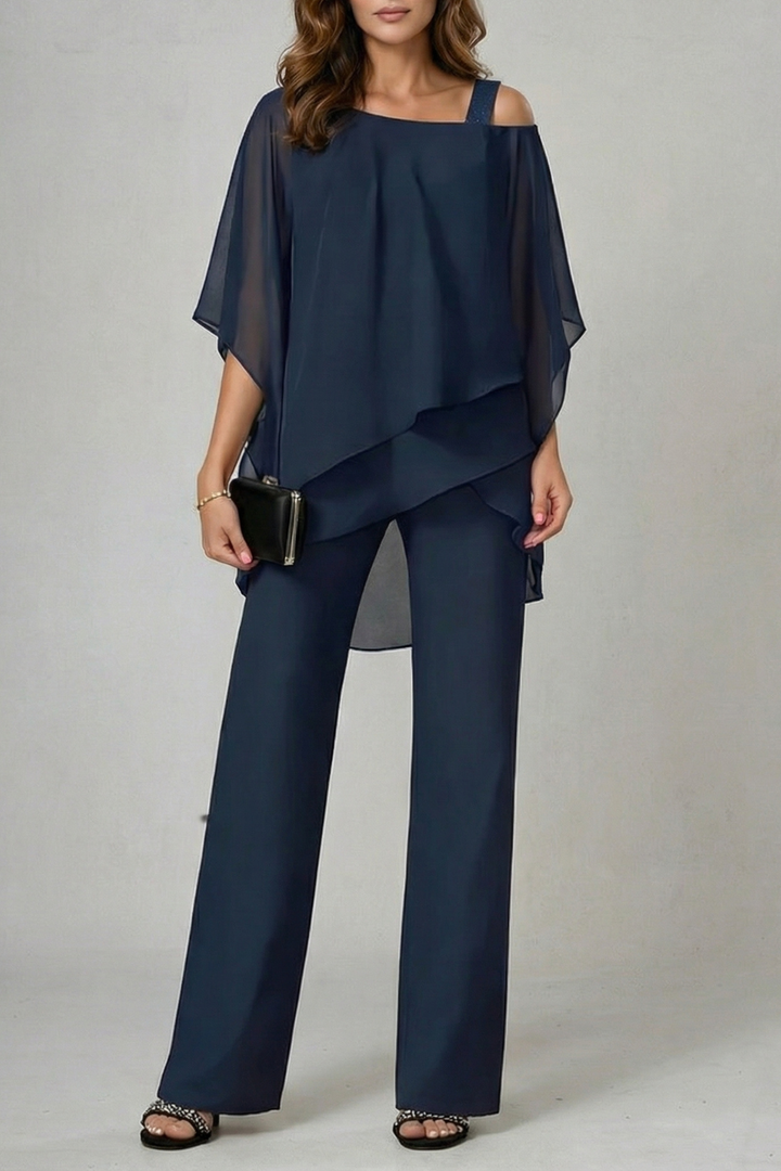 Élaria | Asymmetric Off-Shoulder Chiffon Top &amp; Trouser Set
