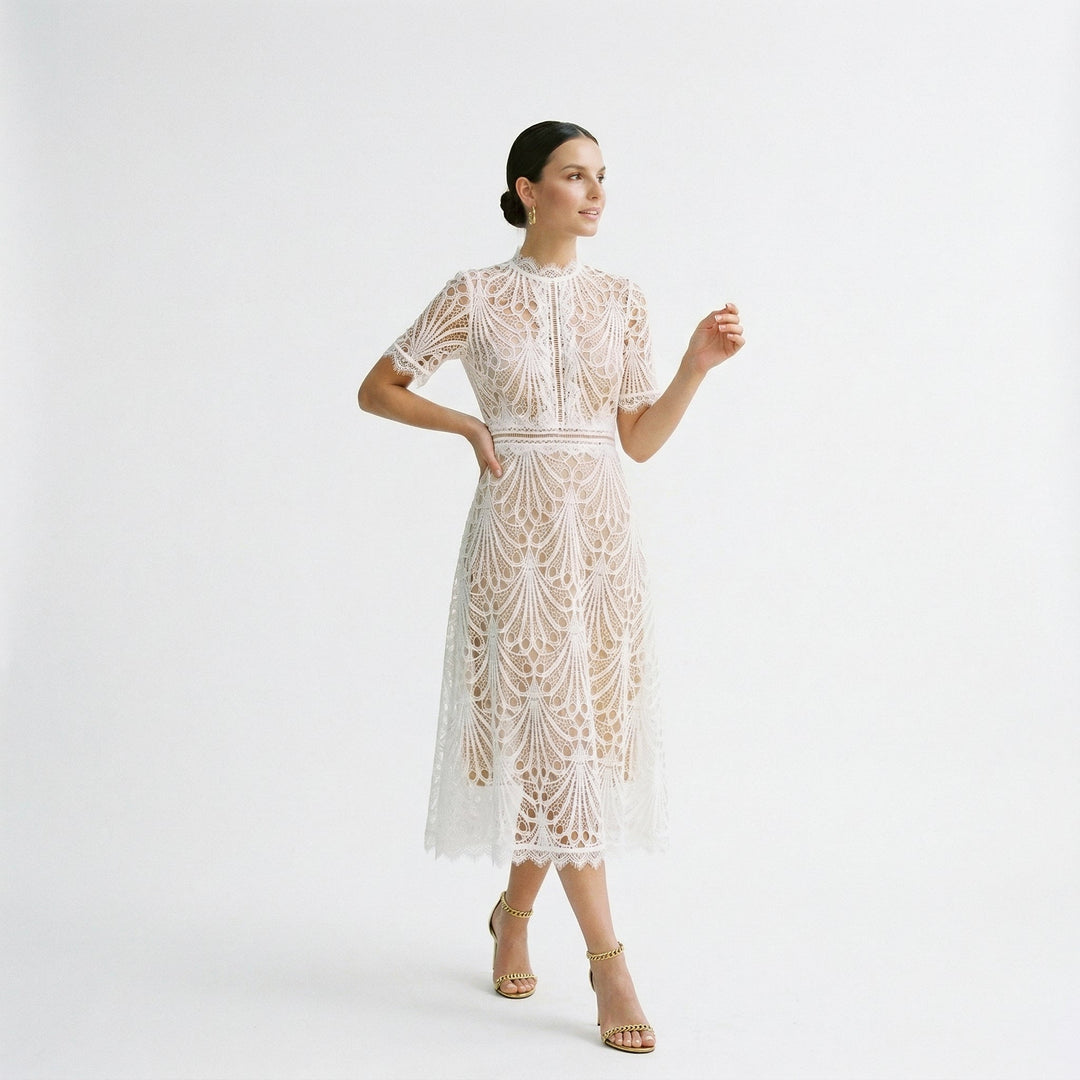 Ada | Lace-Trim Wedding Guest Midi Dress