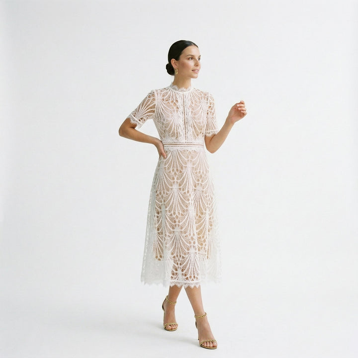 Ada | Lace-Trim Wedding Guest Midi Dress