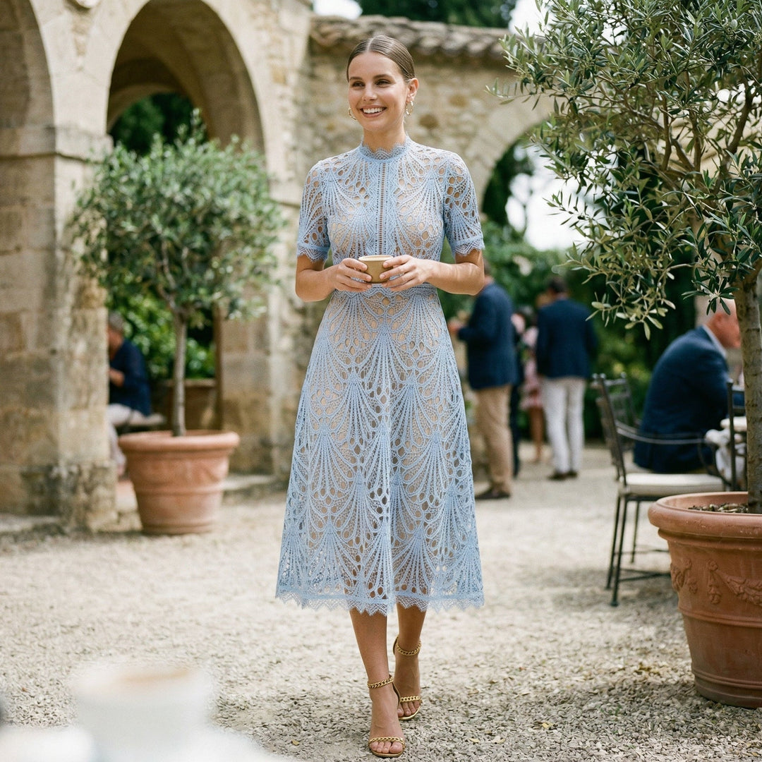 Ada | Lace-Trim Wedding Guest Midi Dress