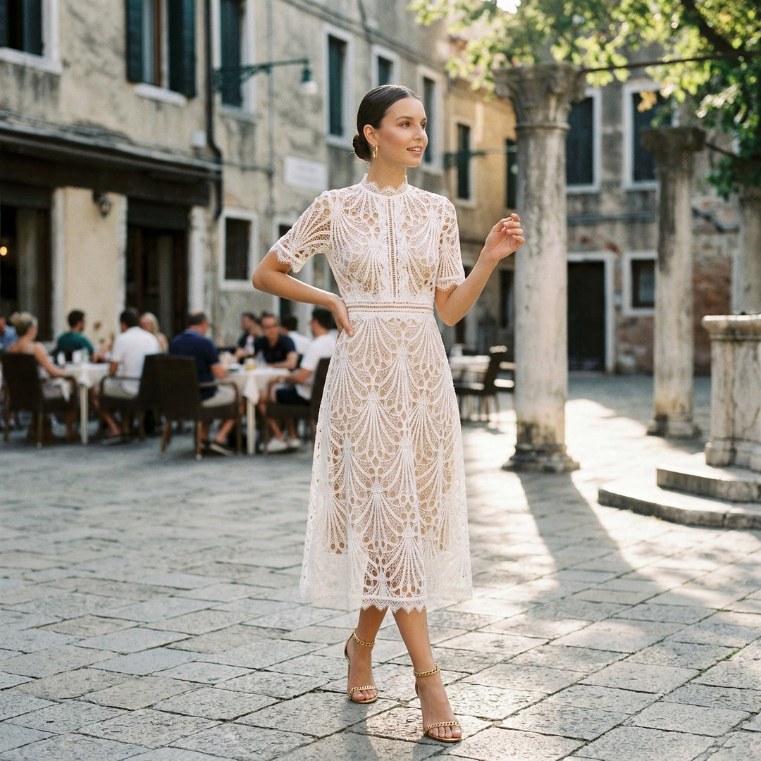 Ada | Lace-Trim Wedding Guest Midi Dress
