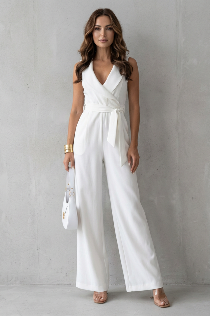 Elisavie | Sleeveless Lapel Wrap Wide-Leg Jumpsuit