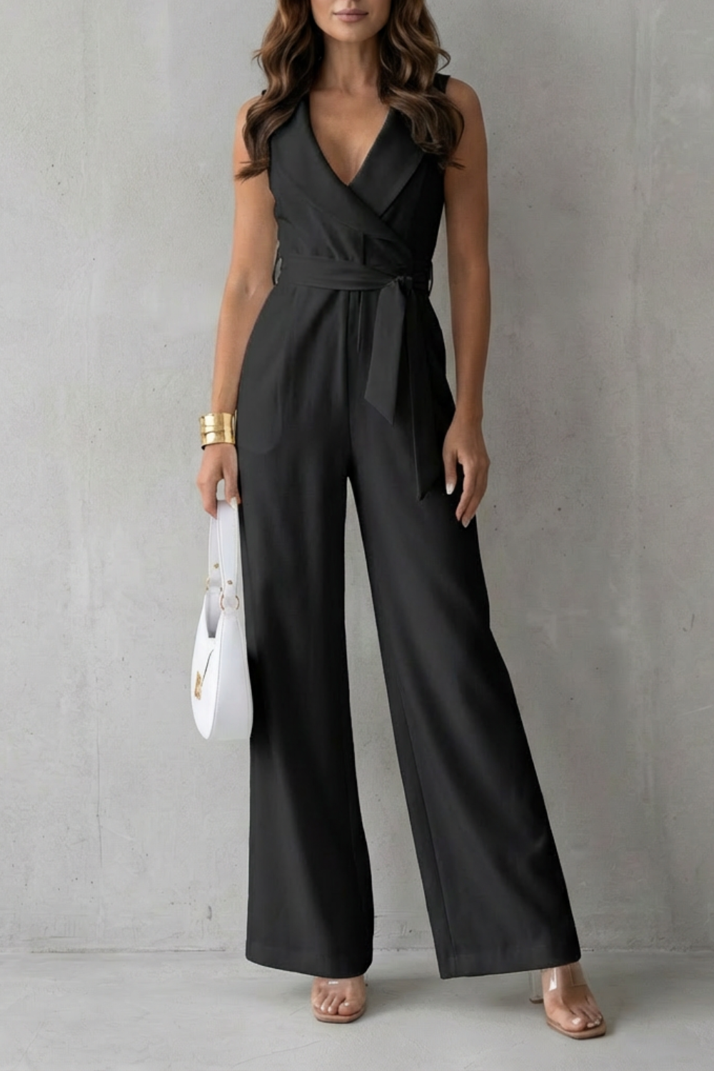 Elisavie | Sleeveless Lapel Wrap Wide-Leg Jumpsuit