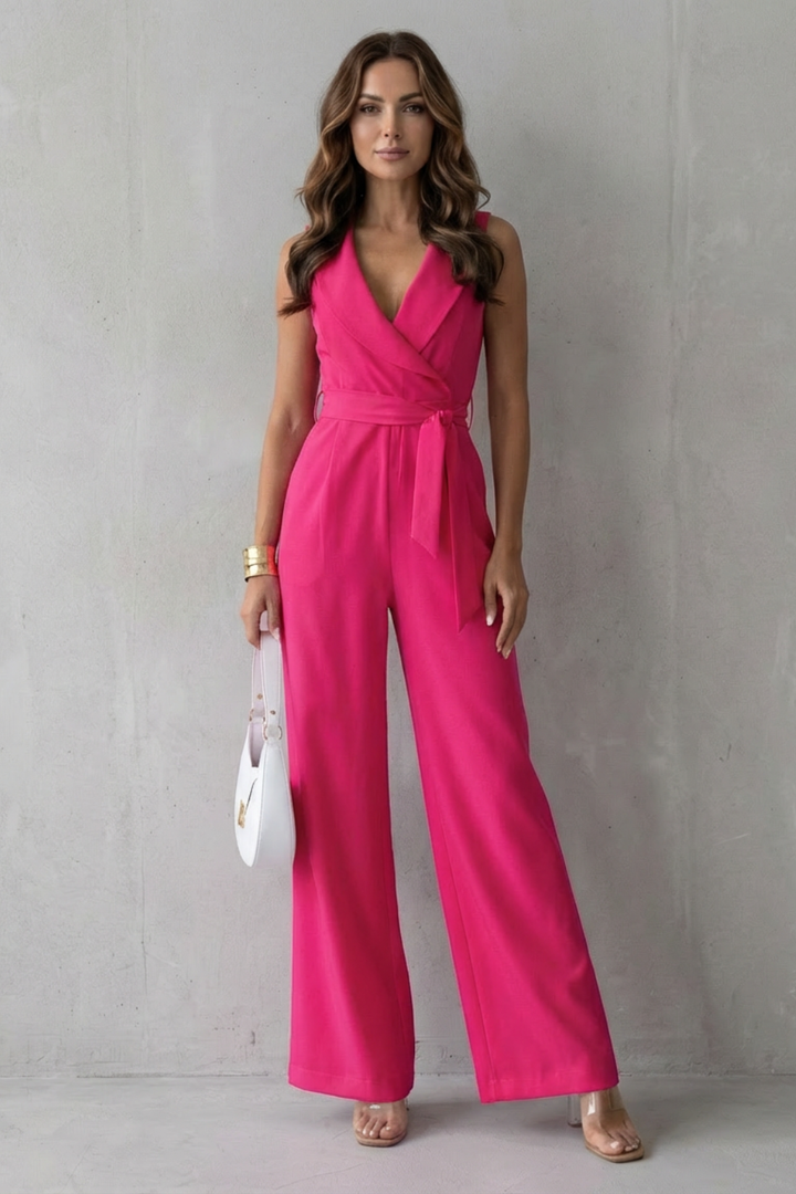 Elisavie | Sleeveless Lapel Wrap Wide-Leg Jumpsuit