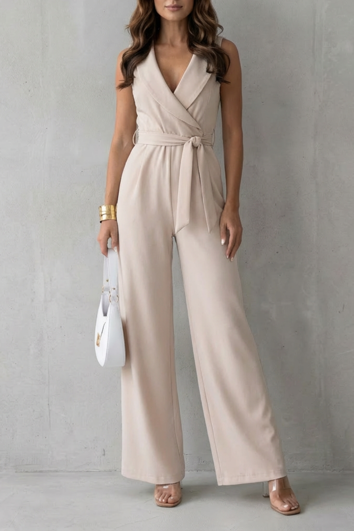 Elisavie | Sleeveless Lapel Wrap Wide-Leg Jumpsuit