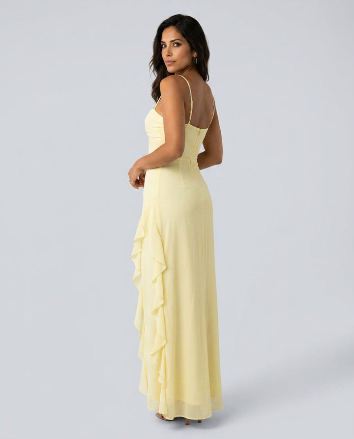 Ada | Ruffle Trim Side Slit Wedding Guest Maxi Dress