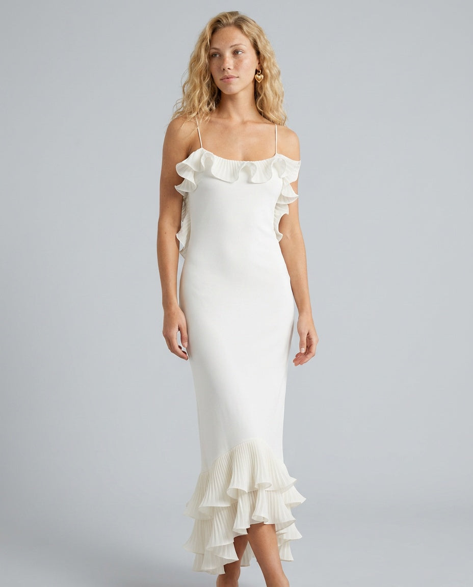 Opal | Pleated Ruffle Stretch Jersey Midi Dress