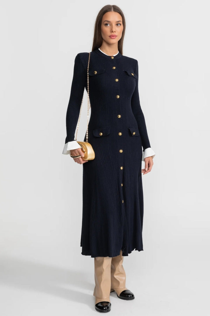 Sable | Ribbed Knit Gold Button Midi Dress