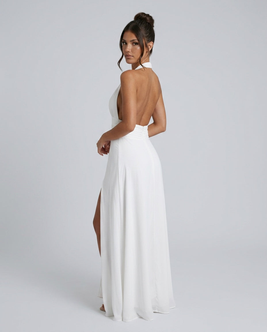 Serène | Halter Neck Leg Slit Wedding Guest Maxi Dress