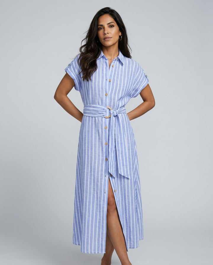 Willa | Striped Linen-Blend Belted Maxi Dress