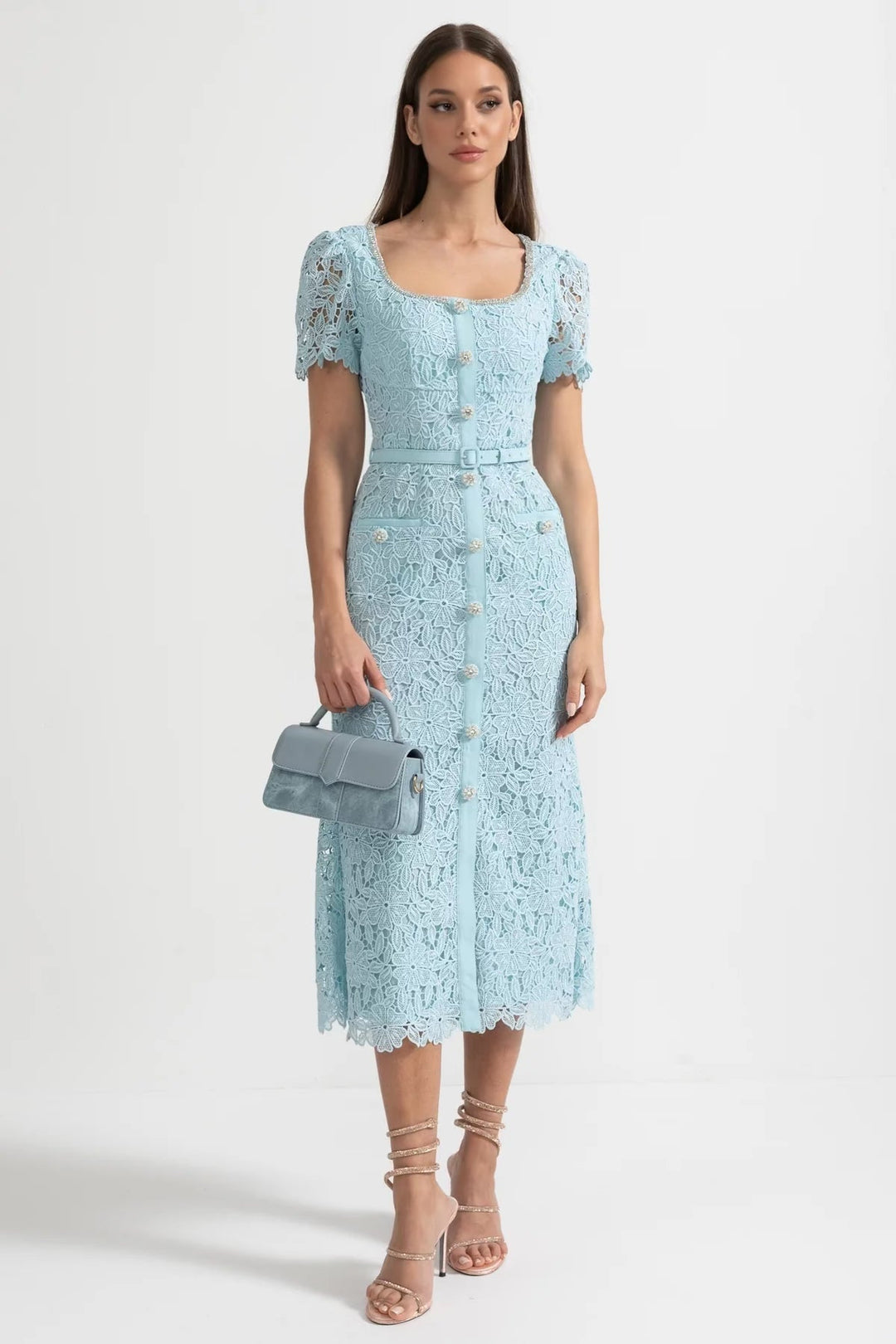 Azure | Baby Blue Lace-Trim Midi Dress