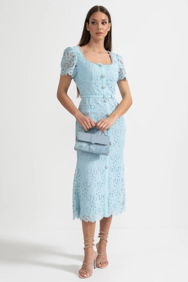 Azure | Baby Blue Lace-Trim Midi Dress