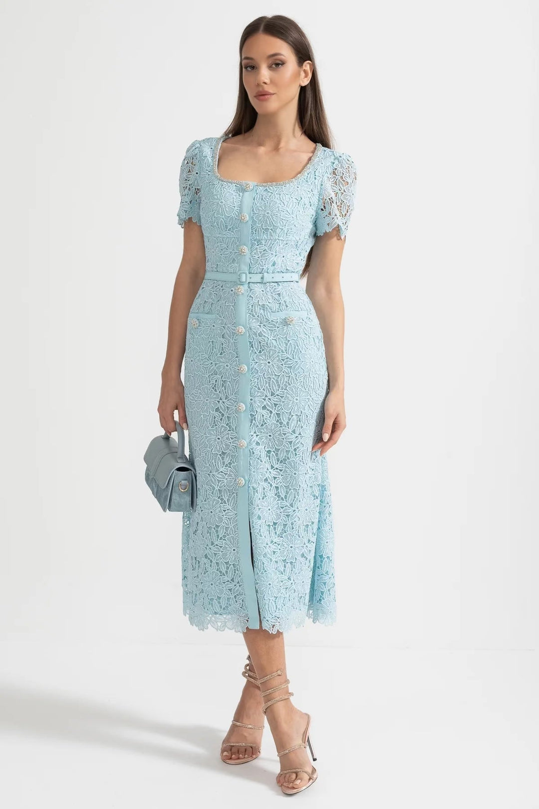 Azure | Baby Blue Lace-Trim Midi Dress