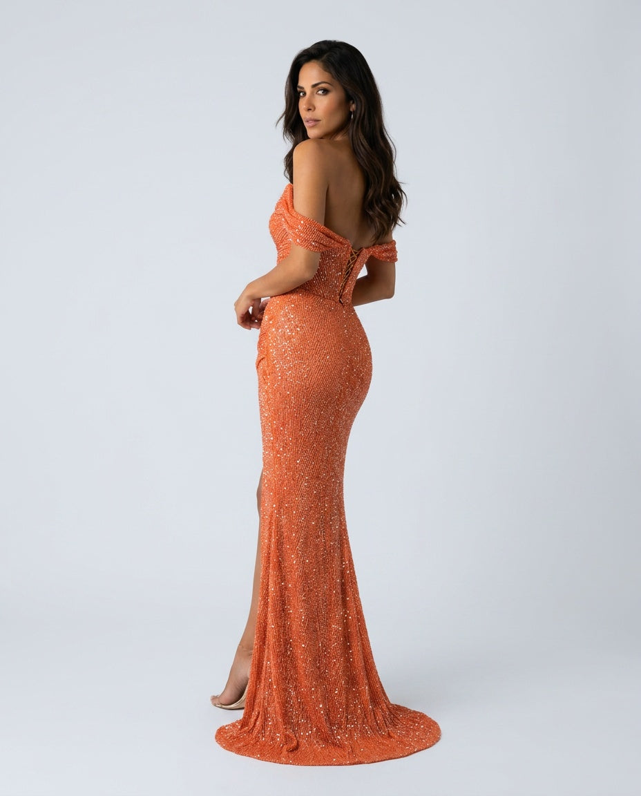 Naia | Off-Shoulder Sequin Split Maxi Dress