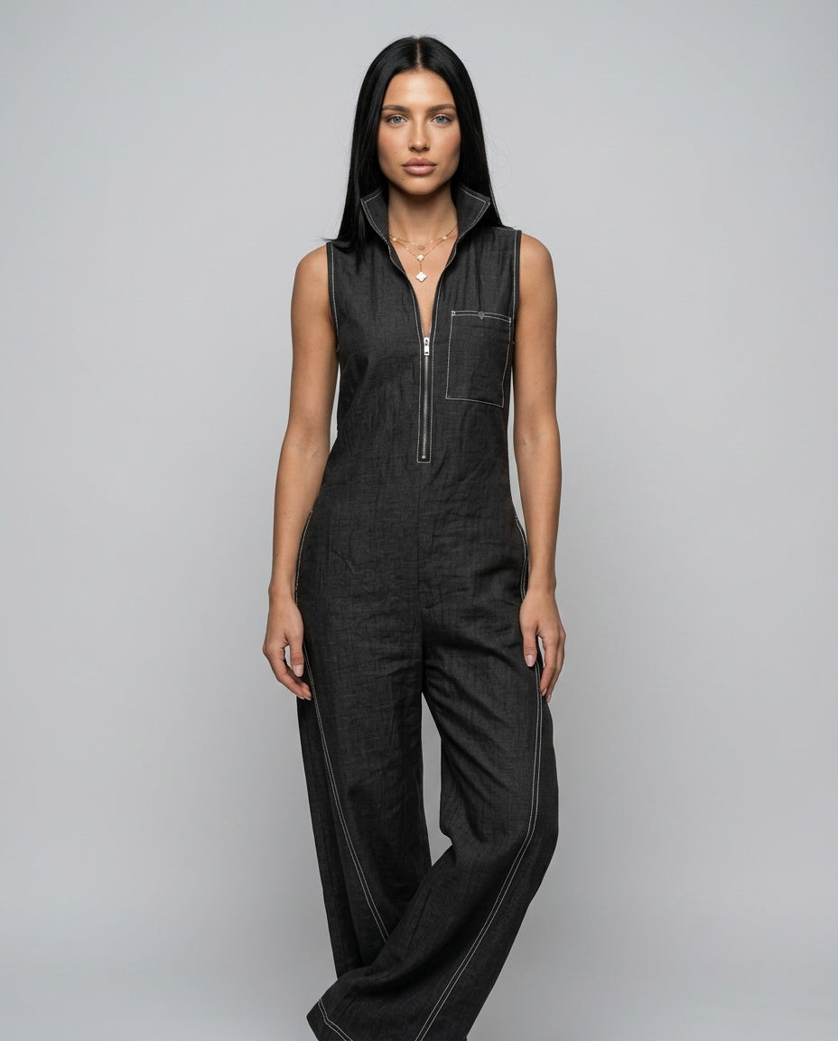 Evie | Loose-Fit White Trim Sleeveless Jumpsuit