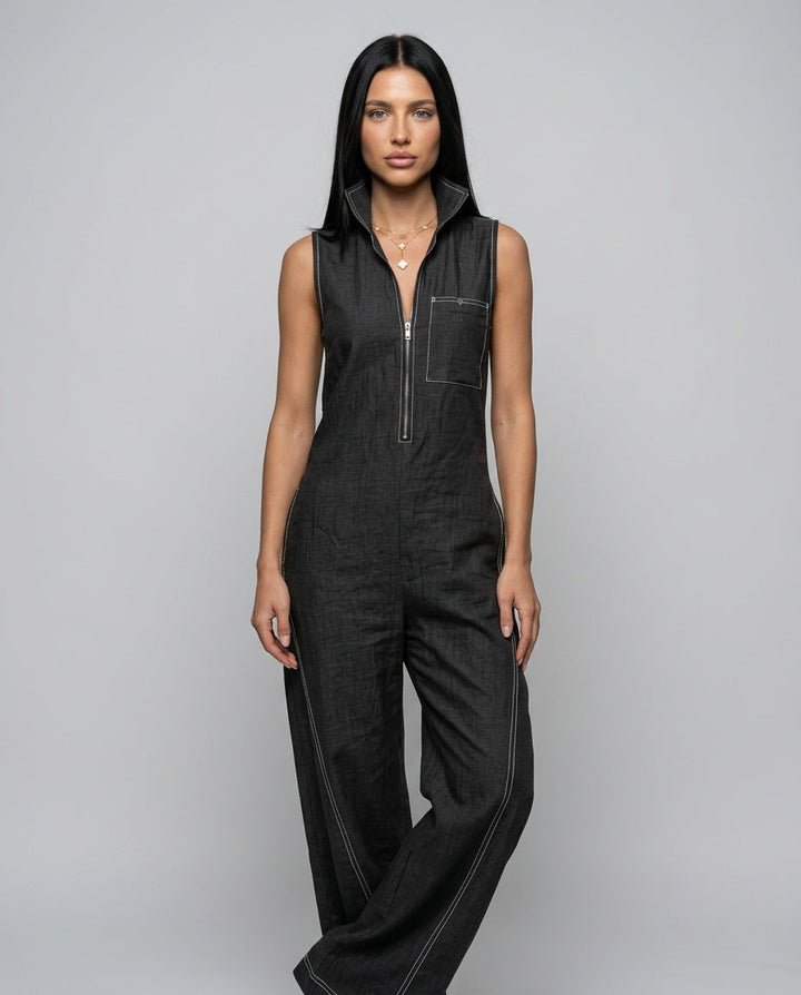 Evie | Loose-Fit White Trim Sleeveless Jumpsuit