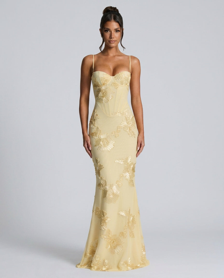 Isolène | Floral Jacquard Corset Maxi Dress