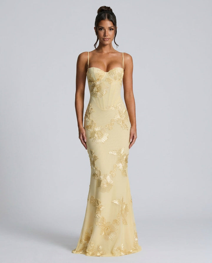 Isolène | Floral Jacquard Corset Maxi Dress