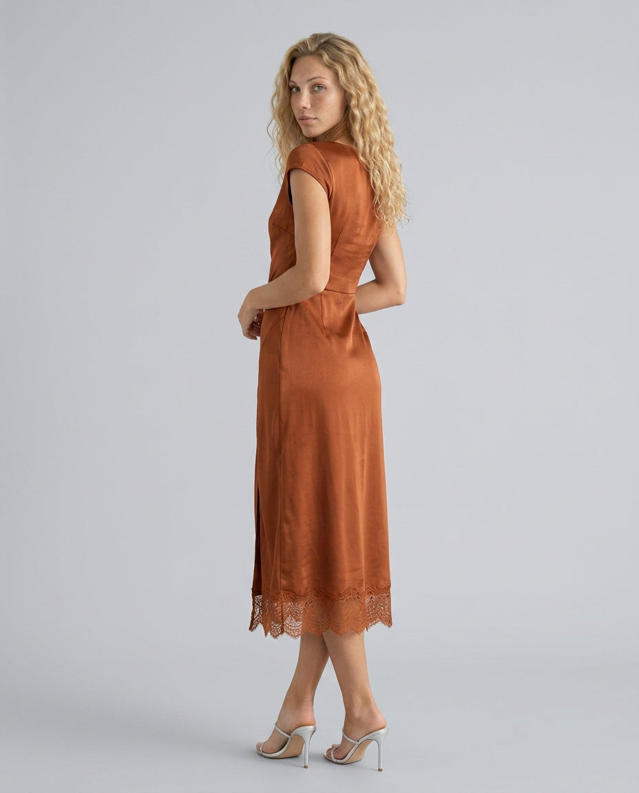 Sienna | Lace-Trim Waterfall Neck Midi Dress