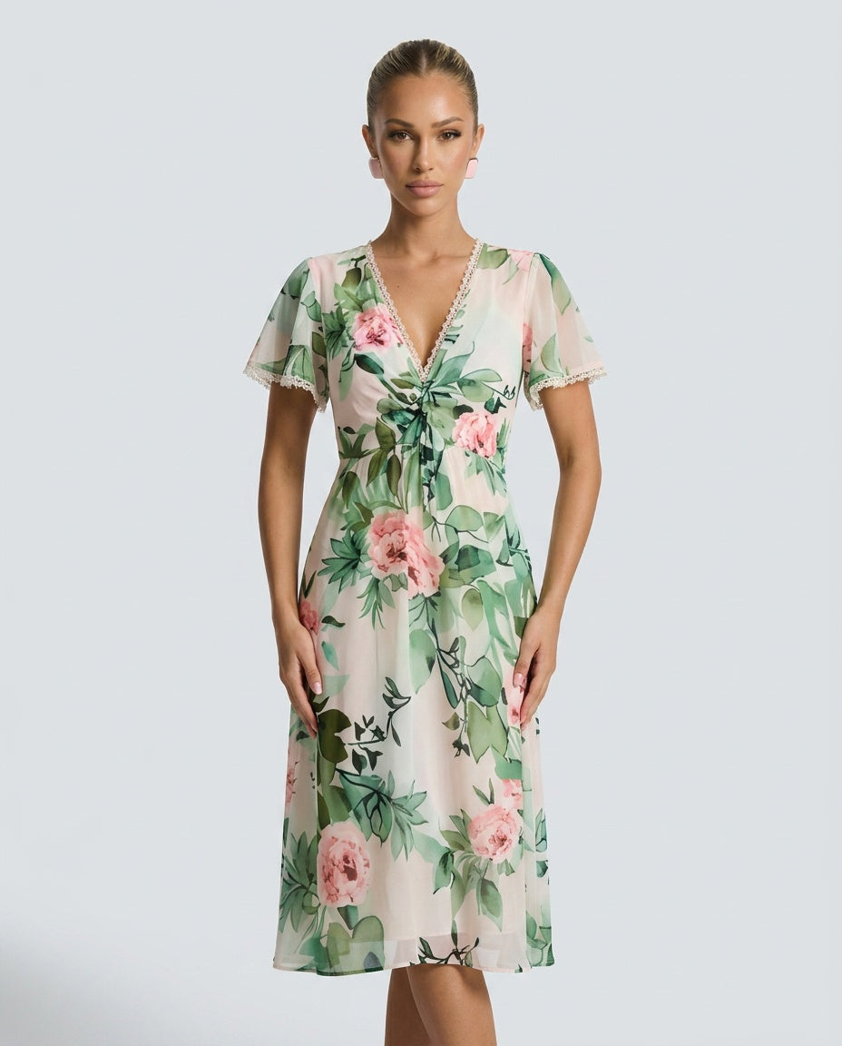 Blossom | Floral Midi with Lace-Up Deep V Neck
