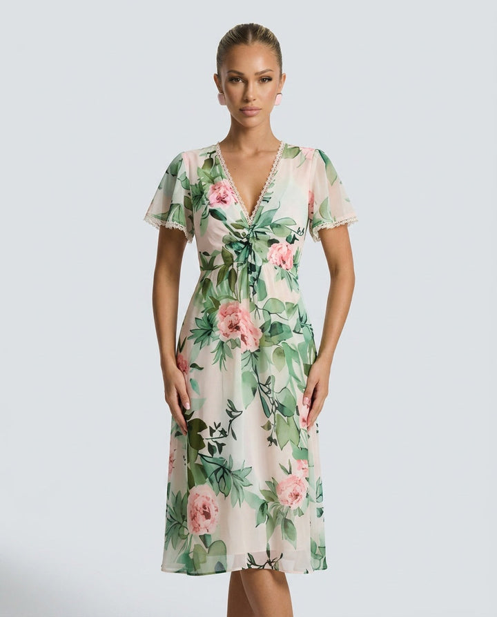 Blossom | Floral Midi with Lace-Up Deep V Neck