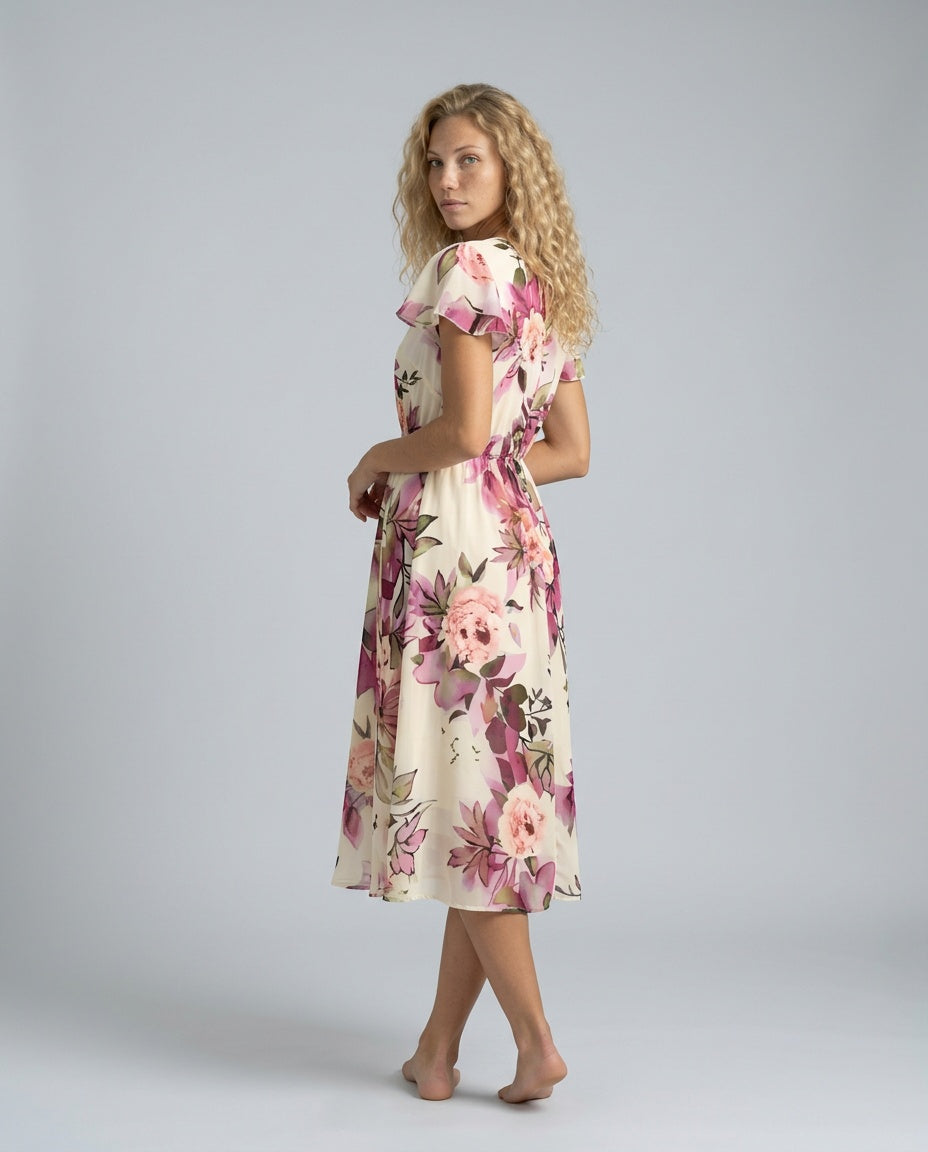 Blossom | Floral Midi with Lace-Up Deep V Neck