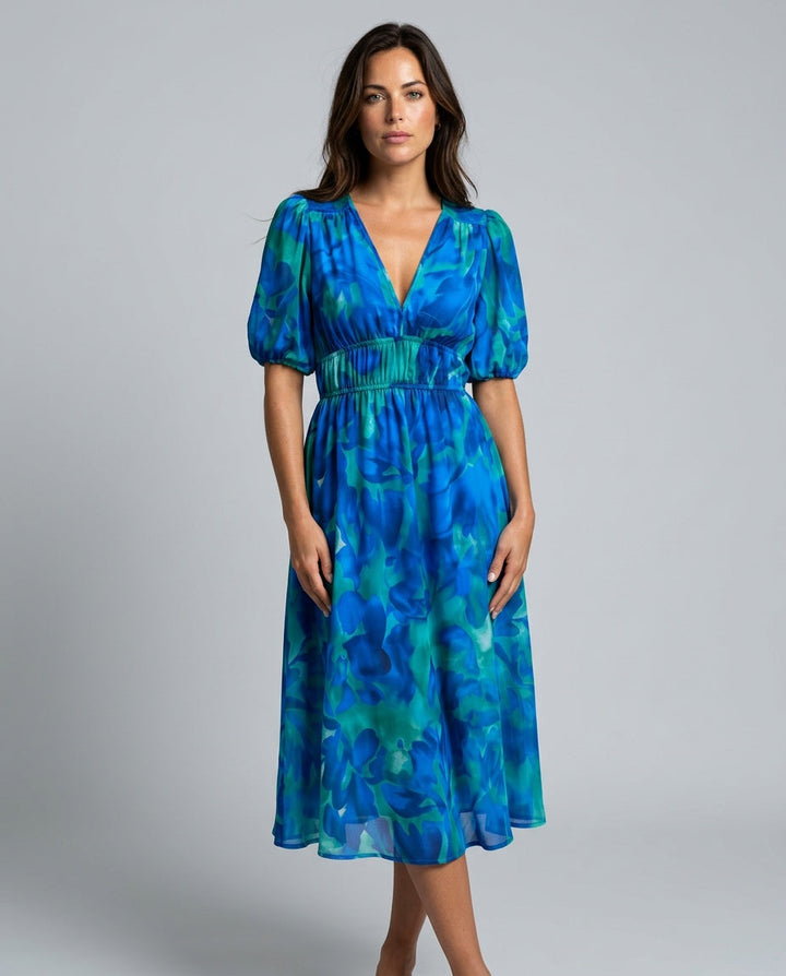 Mira | V-Neck Puff Sleeve Pleated Midi Dress