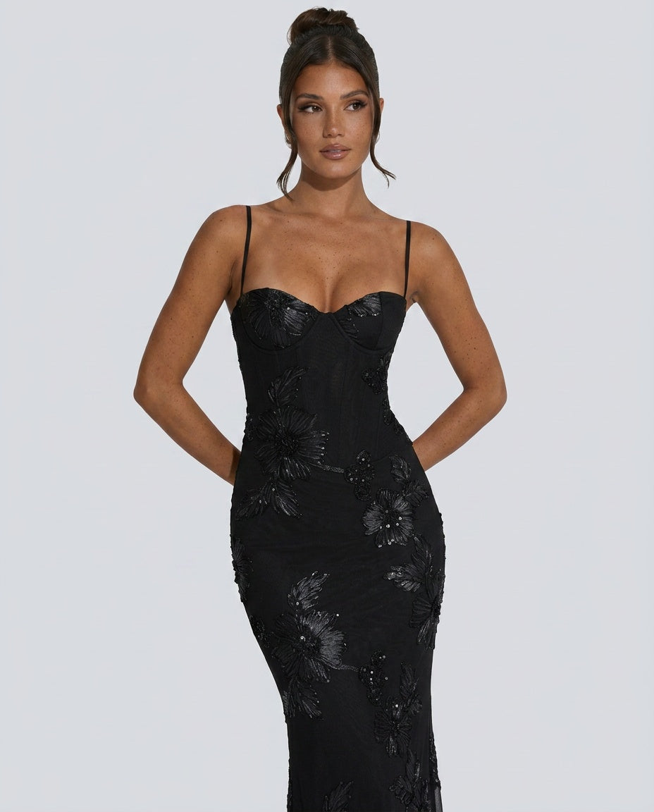 Isolène | Floral Jacquard Corset Maxi Dress