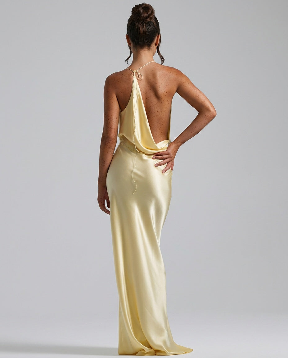 Rosine | Satin-Look Tie-Up Collar Maxi Dress