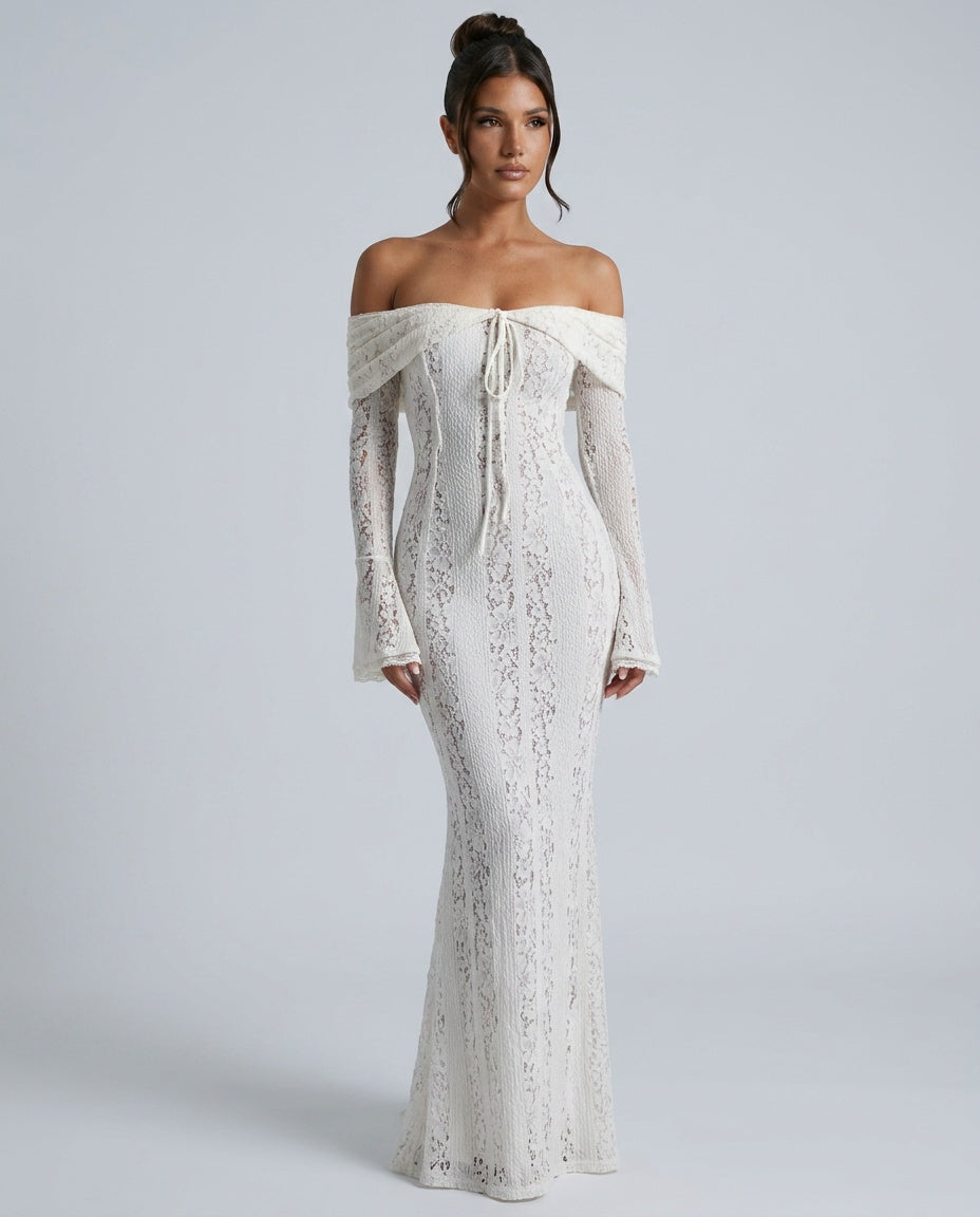 Odélie | Off-Shoulder Lace Fluted Cuff Maxi Dress