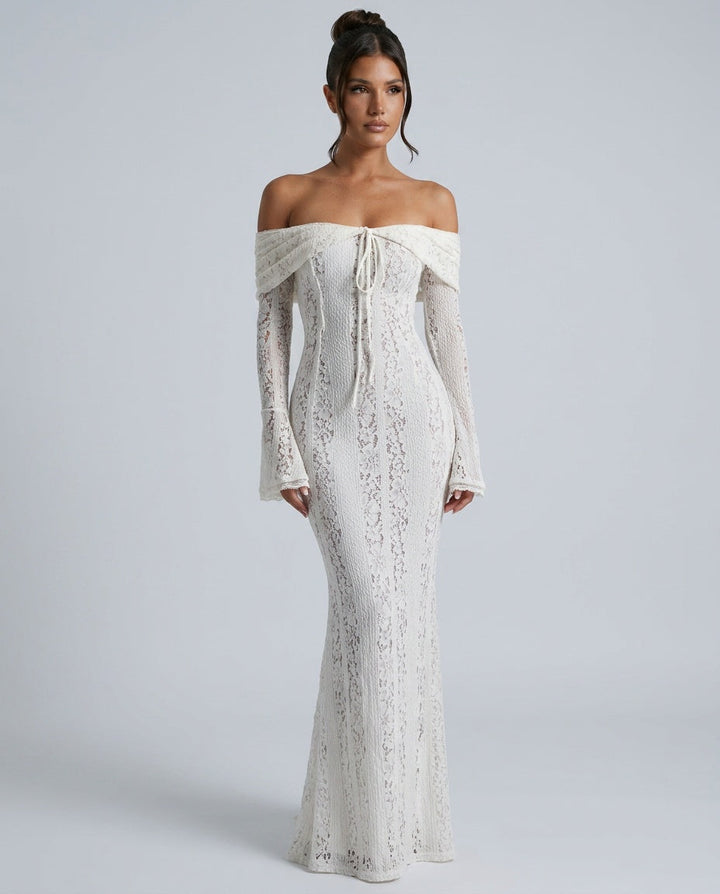 Odélie | Off-Shoulder Lace Fluted Cuff Maxi Dress