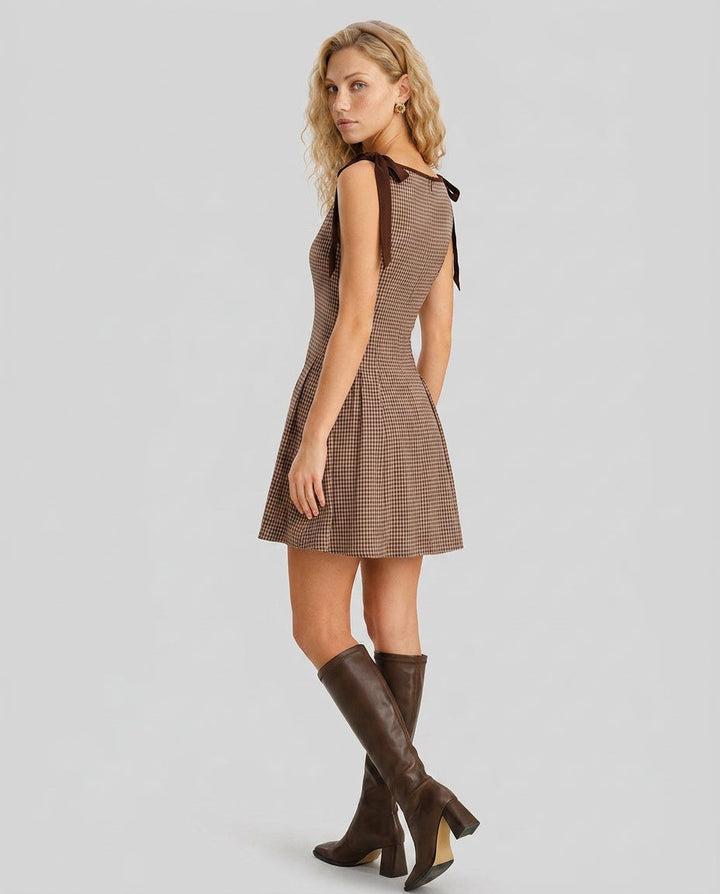 Coralie | Brown Gingham Tie Strap Mini Dress