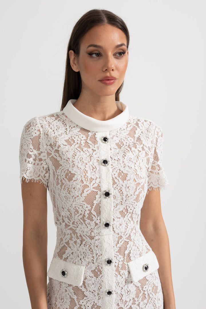 Viola | Short Sleeve Lace Belted Midi Dress