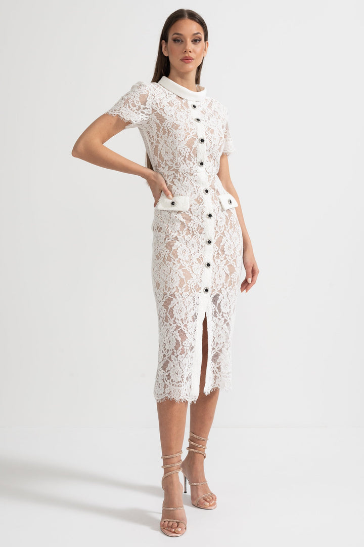 Viola | Short Sleeve Lace Belted Midi Dress