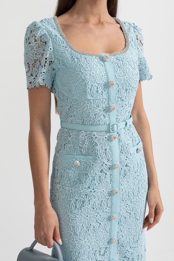 Azure | Baby Blue Lace-Trim Midi Dress