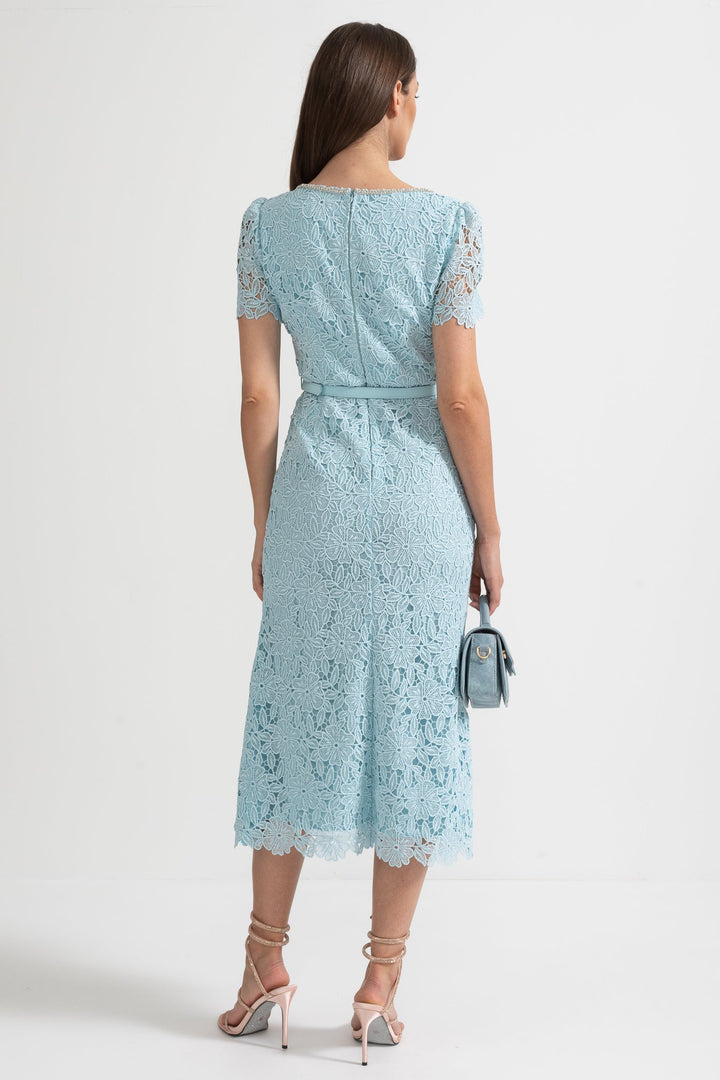 Azure | Baby Blue Lace-Trim Midi Dress