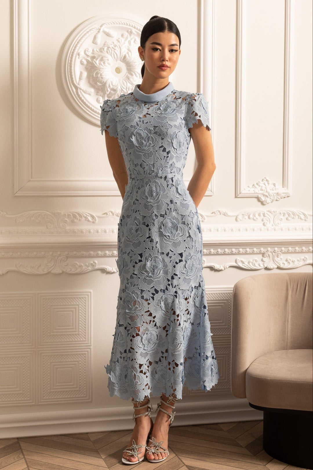 Liv | Floral Lace High-Collar Midi Dress