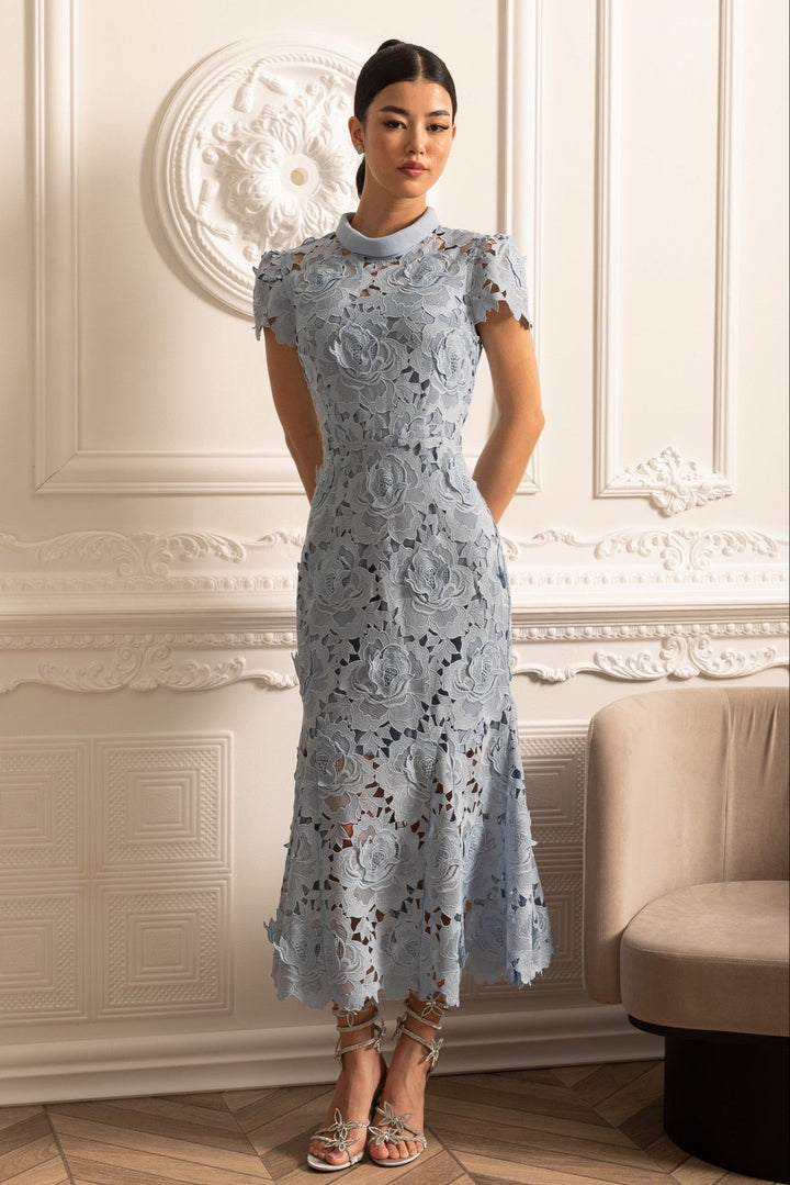 Liv | Floral Lace High-Collar Midi Dress