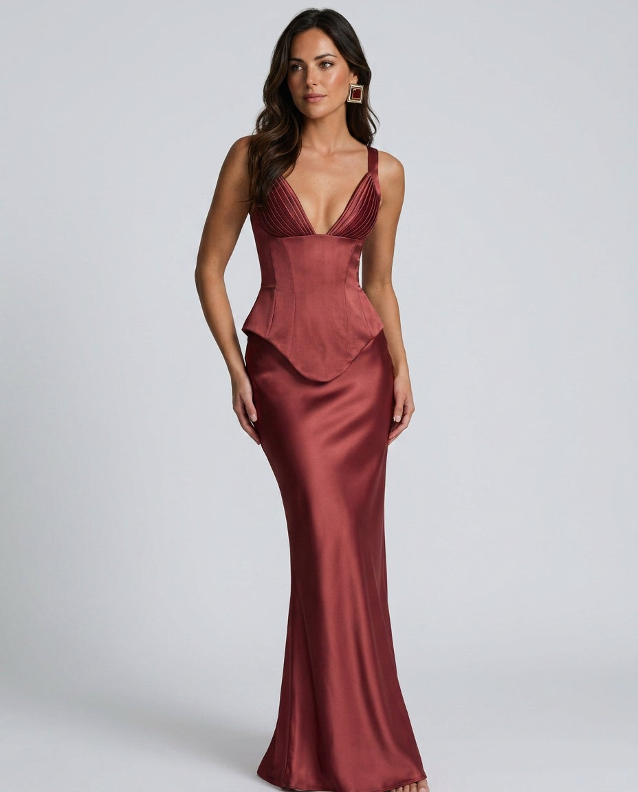Fleur | Satin Pleated V-Neck Maxi Skirt Set