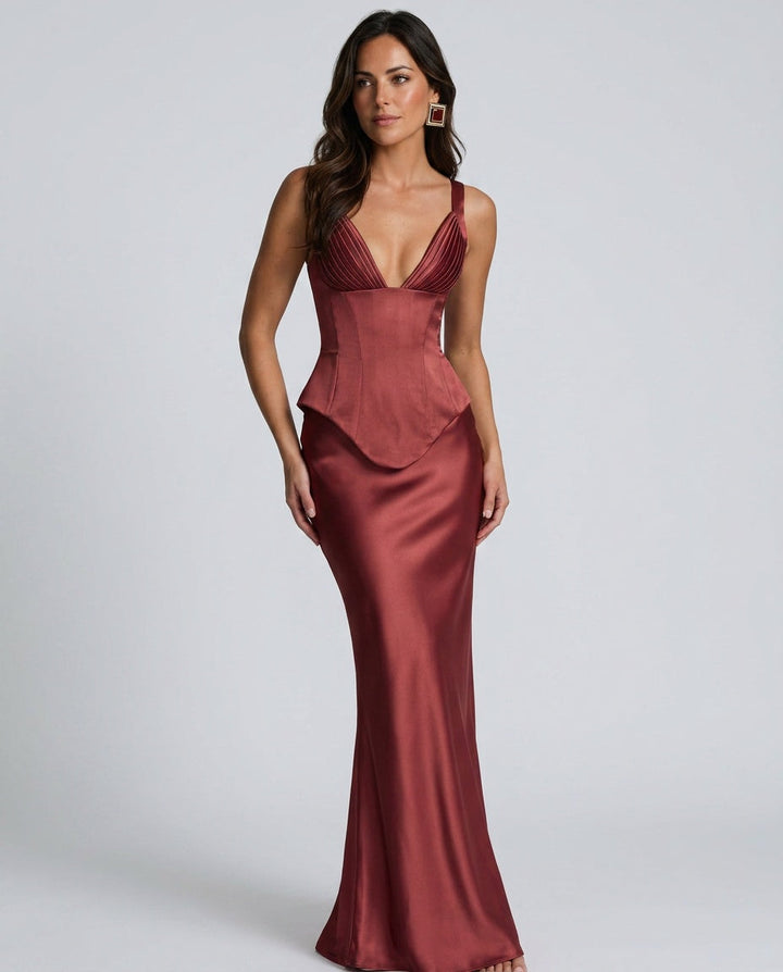 Fleur | Satin Pleated V-Neck Maxi Skirt Set