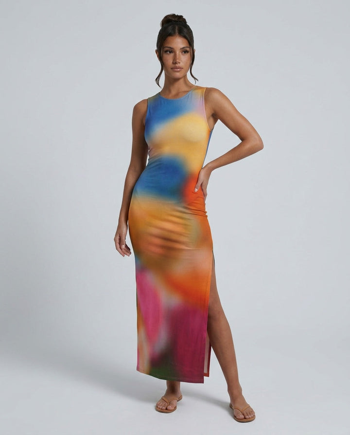 Calise | Abstract Print Side Slit Maxi Dress