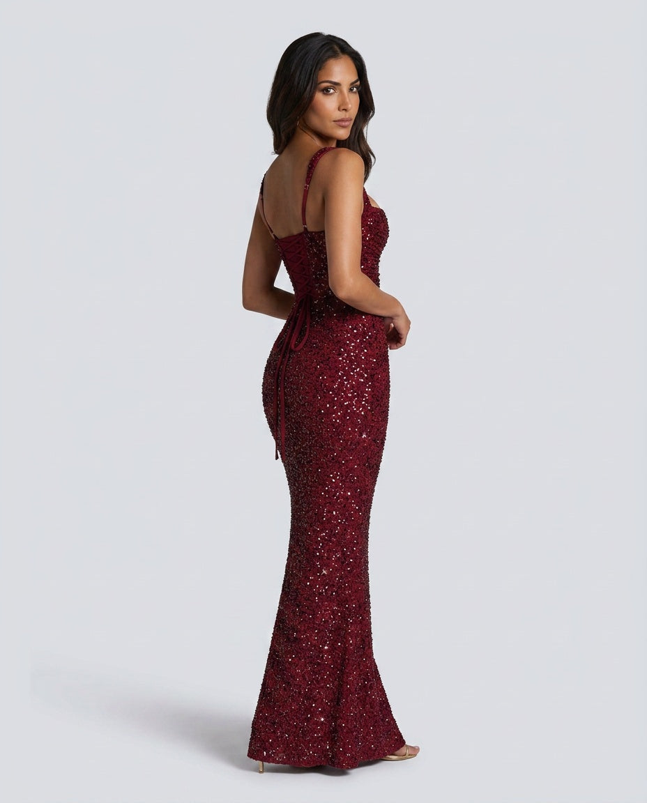 Sabine | Sequin Tie-Up Square Neck Maxi Dress
