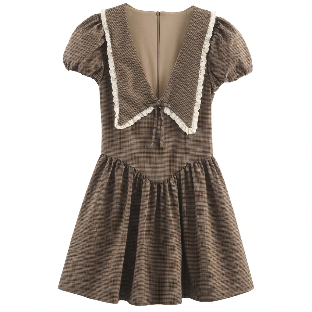 Imogen | Brown Plaid Lapel Pleated Mini Dress