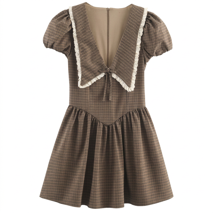 Imogen | Brown Plaid Lapel Pleated Mini Dress
