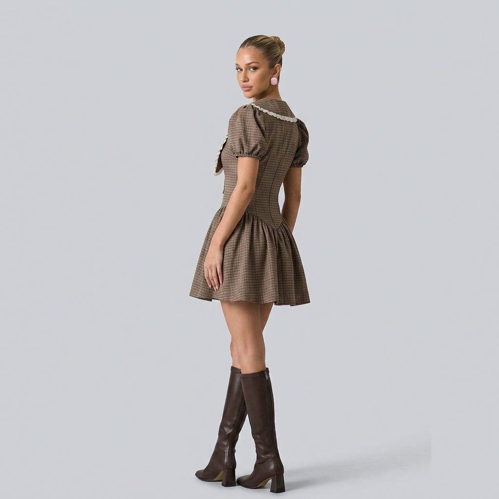 Imogen | Brown Plaid Lapel Pleated Mini Dress